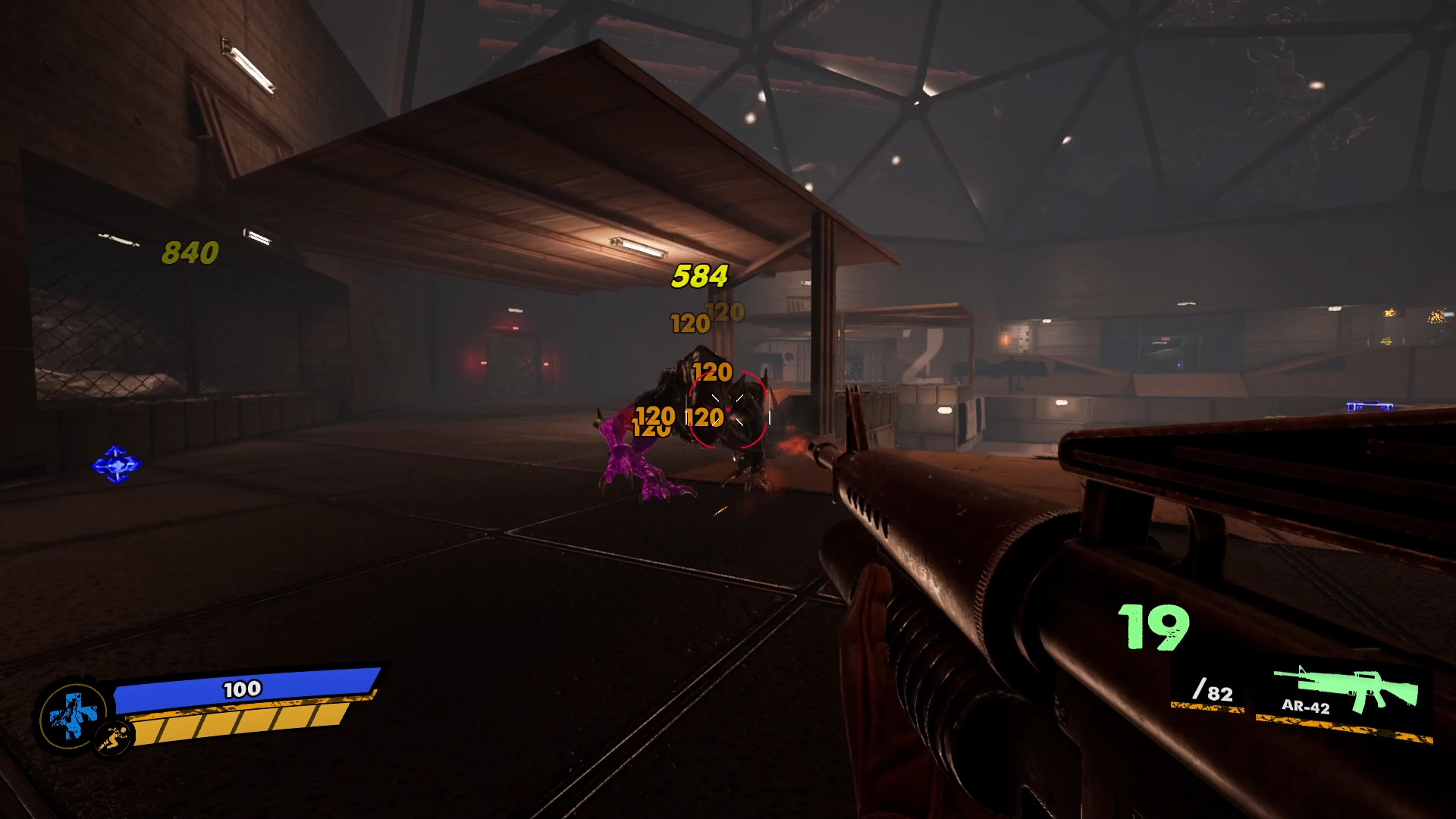 First-person combat inside the research facility.